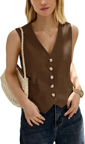 Womens Linen Vest Casual Sleeveless Blazer V Neck Lightweight Waistcoat in Saudi Arabia