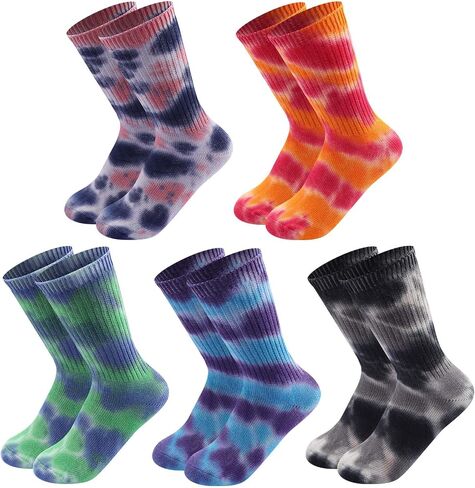 Tie Dye Socks for Men Women, Soft Cotton Blend Crew Socks, 5-Pack Unisex Novelty Socks, One Size Fits Most in Kuwait