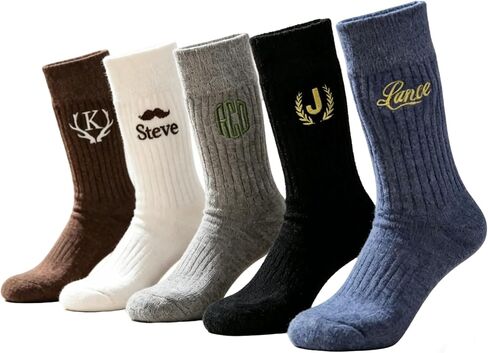Custom Embroidered Socks for Men Wide Open Crew Wool Socks Wedding Gift | Moisture Wicking Multiple Colors Personalized Monogram Groomsmen Casual Texture Crew Socks for Hiking Father's Day in Kuwait