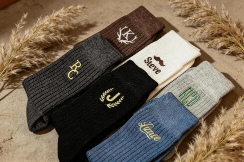 Custom Embroidered Socks for Men Wide Open Crew Wool Socks Wedding Gift | Moisture Wicking Multiple Colors Personalized Monogram Groomsmen Casual Texture Crew Socks for Hiking Father's Day in Kuwait