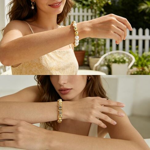 COLOYAN 10PCS Gold Beaded Imitation Pearl Bracelets for Women Stackable | Sturdy Stack Stretch Bracelets Set, Visually Appealing, Lightweight Design, Boho Elastic Bracelet for Party Beach Daily Wear in Saudi Arabia