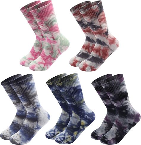 Tie Dye Socks for Men Women, Soft Cotton Blend Crew Socks, 5-Pack Unisex Novelty Socks, One Size Fits Most in Saudi Arabia