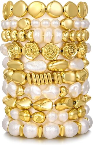 COLOYAN 10PCS Gold Beaded Imitation Pearl Bracelets for Women Stackable | Sturdy Stack Stretch Bracelets Set, Visually Appealing, Lightweight Design, Boho Elastic Bracelet for Party Beach Daily Wear in Saudi Arabia