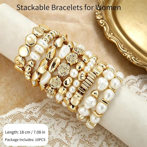 COLOYAN 10PCS Gold Beaded Imitation Pearl Bracelets for Women Stackable | Sturdy Stack Stretch Bracelets Set, Visually Appealing, Lightweight Design, Boho Elastic Bracelet for Party Beach Daily Wear in Saudi Arabia