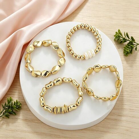 COLOYAN 10PCS Gold Beaded Imitation Pearl Bracelets for Women Stackable | Sturdy Stack Stretch Bracelets Set, Visually Appealing, Lightweight Design, Boho Elastic Bracelet for Party Beach Daily Wear in Saudi Arabia