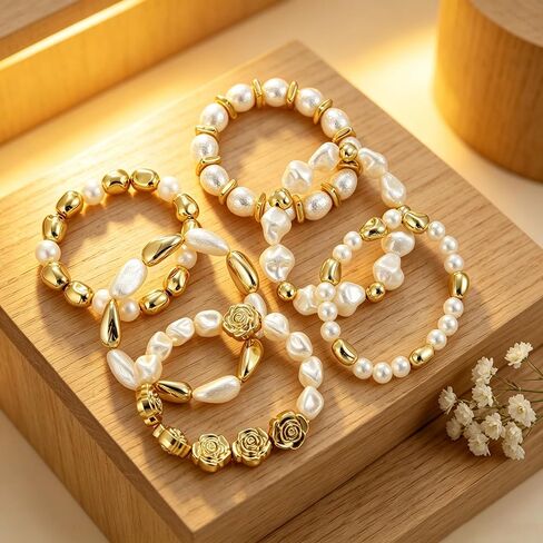 COLOYAN 10PCS Gold Beaded Imitation Pearl Bracelets for Women Stackable | Sturdy Stack Stretch Bracelets Set, Visually Appealing, Lightweight Design, Boho Elastic Bracelet for Party Beach Daily Wear in Saudi Arabia