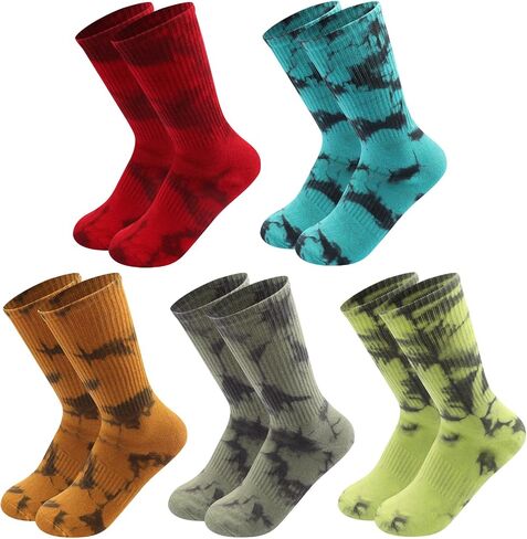 Tie Dye Socks for Men Women, Soft Cotton Blend Crew Socks, 5-Pack Unisex Novelty Socks, One Size Fits Most in Kuwait