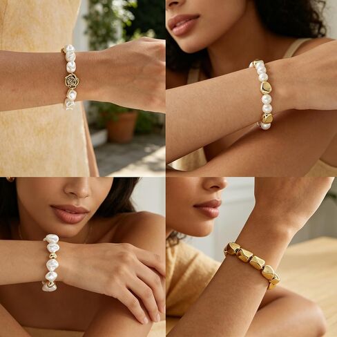 COLOYAN 10PCS Gold Beaded Imitation Pearl Bracelets for Women Stackable | Sturdy Stack Stretch Bracelets Set, Visually Appealing, Lightweight Design, Boho Elastic Bracelet for Party Beach Daily Wear in Saudi Arabia