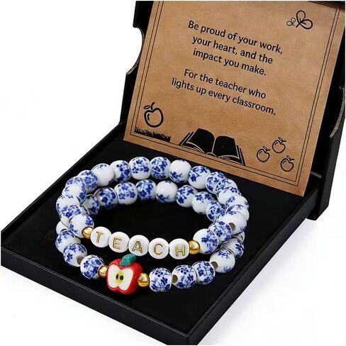 Teacher Appreciation Gift for Women,TEACH & Apple Charm Bracelet Set, Blue and White Porcelain Beads Stretch Bracelet,Gift Ready for Teacher Appreciation Day, Christmas, End of Year, Back to School in Kuwait