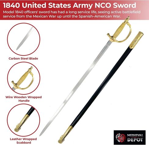 MedievalDepot 1840 US Army NCO Sword Replica -Overall 38" - Carbon Forged Steel Blade - Brass Guard & Pommel - Historical Display in Saudi Arabia