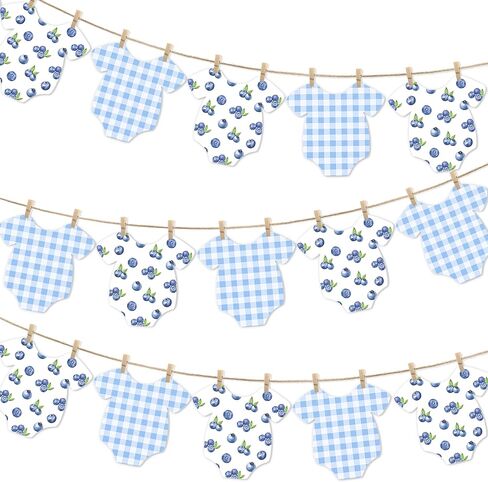 Blueberry Themed Baby Shower Bunting Banners Blue Checkered Onesie Garland with Wooden Clips for Berry First Birthday, Sweet One Boy Party Decorations in Saudi Arabia