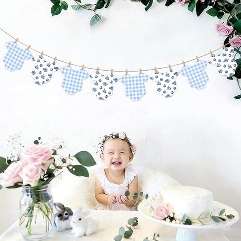 Blueberry Themed Baby Shower Bunting Banners Blue Checkered Onesie Garland with Wooden Clips for Berry First Birthday, Sweet One Boy Party Decorations in Saudi Arabia
