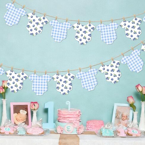 Blueberry Themed Baby Shower Bunting Banners Blue Checkered Onesie Garland with Wooden Clips for Berry First Birthday, Sweet One Boy Party Decorations in Saudi Arabia