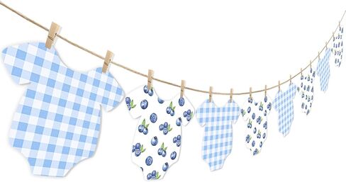 Blueberry Themed Baby Shower Bunting Banners Blue Checkered Onesie Garland with Wooden Clips for Berry First Birthday, Sweet One Boy Party Decorations in Saudi Arabia