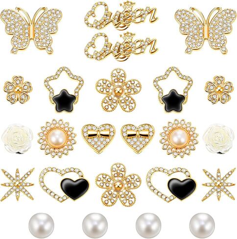 24 PCS Clog Charms for Women Girls, Gold Hole Shoe Charms, Bling Rhinestone Pearl Shoe Decorations for Clogs, DIY Clog Sandal Decoration Accessories Jewelry Charm in Kuwait