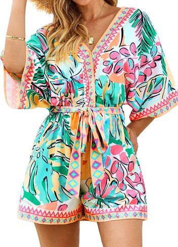 popvil Women’s V Neck Romper Tropical Floral Print Beach Jumpsuit Loose Fit Short Sleeve Belted One Piece Outfit with Pockets in Kuwait