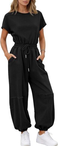 COZYPOIN One Piece Jumpsuits for Women Dressy Casual Short Sleeve Crewneck Drawstring Wide Leg Rompers Outfits with Pockets in Saudi Arabia