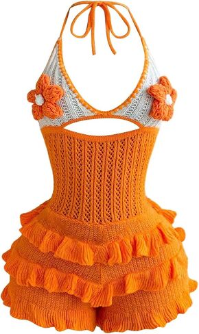 SOLY HUX Women's Crochet Knit Halter Romper 3D Floral Cut Out Ruffle Short Jumpsuit Summer Beach Vacation Outfits in Kuwait
