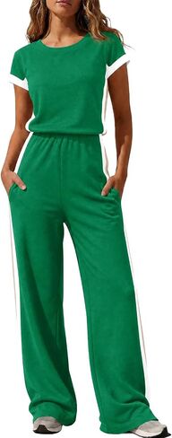 Fisoew Women Short Sleeve Jumpsuits Color Block Wide Leg Pants Romper One Piece Overalls Airport Vacation Travel Outfits in Kuwait