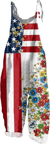 NAMTYQX Women Linen Overalls 4th of July Spaghetti Strap Flag Star 250th year Print Jumpsuit Loose Fit Romper Wide Leg Pants in Saudi Arabia