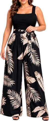 WILDPARTY Plus Size Jumpsuit for Women Sleeveless One Piece Outfit Floral Wide Leg Tie Waist Casual Summer Vacation Outfit in Saudi Arabia