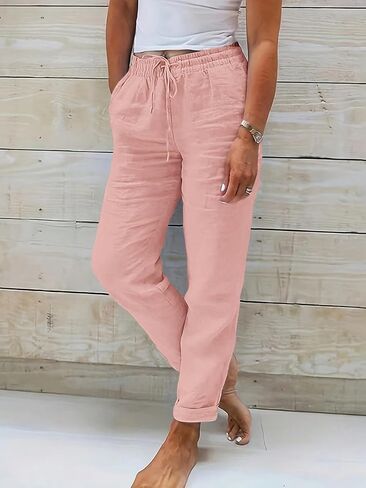 Women Soft Blush Linen-Blend Jogger Pants Elastic Drawstring Waist Relaxed Fit for Casual Daily Summer Outings in Kuwait
