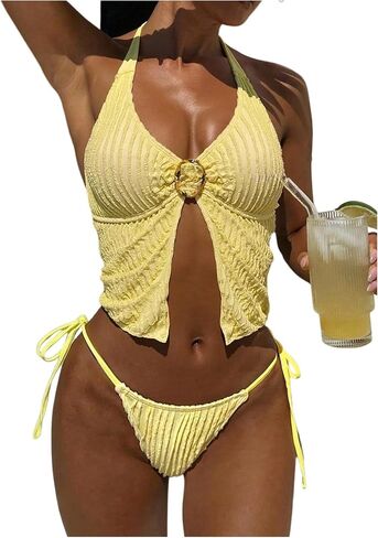Verdusa Women's 2 Piece Halter Tankini Set Textured Slit Tie Backless High Cut Swimsuit Vacation Outfits in Kuwait