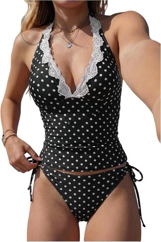 Floerns Women's Polka Dots Tankini Sets Summer Lace Halter Top with Tie Side String Thong Bathing Suit in Kuwait