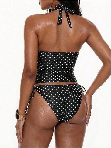 Floerns Women's Polka Dots Tankini Sets Summer Lace Halter Top with Tie Side String Thong Bathing Suit in Kuwait