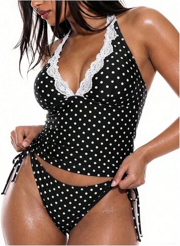 Floerns Women's Polka Dots Tankini Sets Summer Lace Halter Top with Tie Side String Thong Bathing Suit in Kuwait