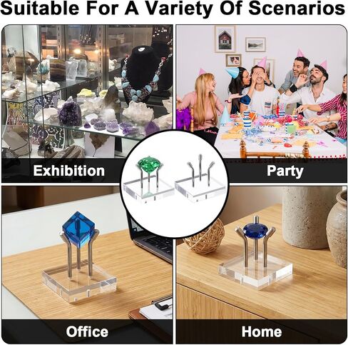 10 Pcs 3 Metal Peg Rock Display, Crystal Display Stand with Clear Acrylic Base Metal Pegs Fossil Stand Easel for Rocks, Crystal, Mineral, Geodes, Decorative Balls (2 x 2 Inch) in Saudi Arabia