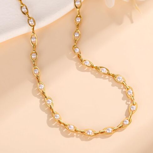 Gold Pearl Necklace for Women, 18K Gold Plated Dainty Pearls Beaded Chain Necklace Jewelry Gifts for Women in Saudi Arabia