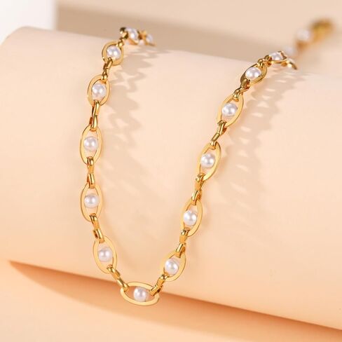 Gold Pearl Necklace for Women, 18K Gold Plated Dainty Pearls Beaded Chain Necklace Jewelry Gifts for Women in Saudi Arabia