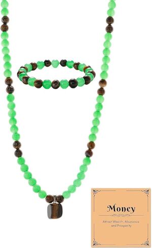 Money Attraction Necklace and Bracelet Set for Men Green Beaded Tiger Eye Money Necklace Jewelry Gift for Men Women in Kuwait
