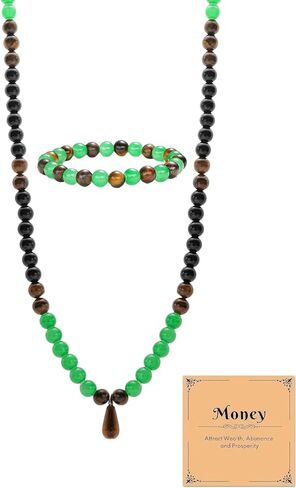 Money Attraction Necklace and Bracelet Set for Men Green Beaded Tiger Eye Money Necklace Jewelry Gift for Men Women in Kuwait