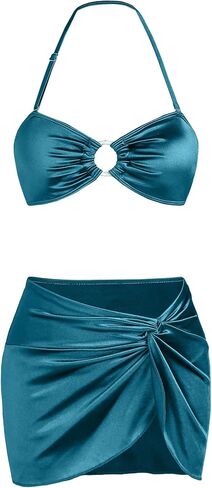 3 Piece Swimsuits for Women Metallic Strapless Bikini Set with Ruched Coverup Halter Criss Cross Bathing Suit in Kuwait