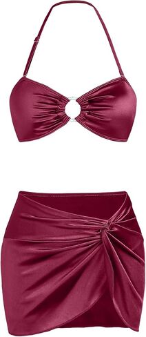 3 Piece Swimsuits for Women Metallic Strapless Bikini Set with Ruched Coverup Halter Criss Cross Bathing Suit in Saudi Arabia