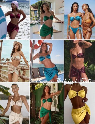 3 Piece Swimsuits for Women Metallic Strapless Bikini Set with Ruched Coverup Halter Criss Cross Bathing Suit in Kuwait