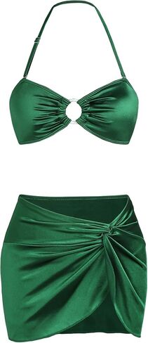 3 Piece Swimsuits for Women Metallic Strapless Bikini Set with Ruched Coverup Halter Criss Cross Bathing Suit in Kuwait