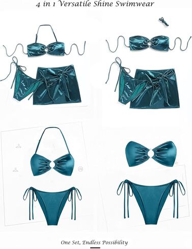 3 Piece Swimsuits for Women Metallic Strapless Bikini Set with Ruched Coverup Halter Criss Cross Bathing Suit in Kuwait
