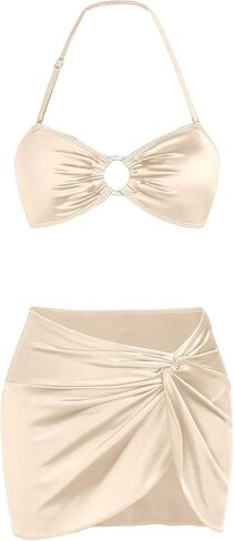 3 Piece Swimsuits for Women Metallic Strapless Bikini Set with Ruched Coverup Halter Criss Cross Bathing Suit in Kuwait
