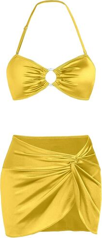 3 Piece Swimsuits for Women Metallic Strapless Bikini Set with Ruched Coverup Halter Criss Cross Bathing Suit in Kuwait