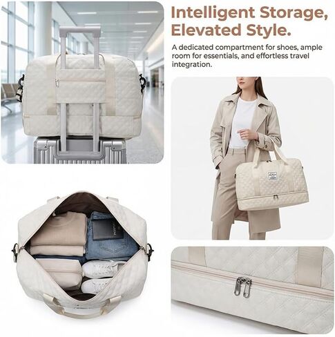 Gym Tote Bag with Shoe Compartment and Wet Pocket, Large Capacity Weekender Duffle Bags, Waterproof Carry on Travel Bag for Overnight, Yoga, Sports, Workout, 19.7"×9"×12.6", Beige in Kuwait