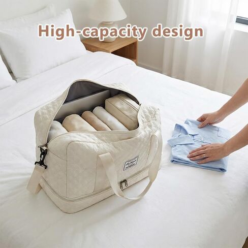 Gym Tote Bag with Shoe Compartment and Wet Pocket, Large Capacity Weekender Duffle Bags, Waterproof Carry on Travel Bag for Overnight, Yoga, Sports, Workout, 19.7"×9"×12.6", Beige in Kuwait