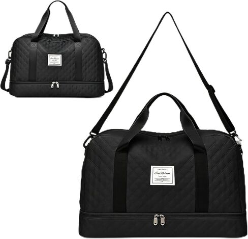Large Quilted Weekender Bag for Women – Lightweight Nylon Overnight Duffel with Separate Shoe Compartment – Waterproof Carry-On Travel Luggage Tote & Gym Bag with Crossbody Strap (Black) in Kuwait