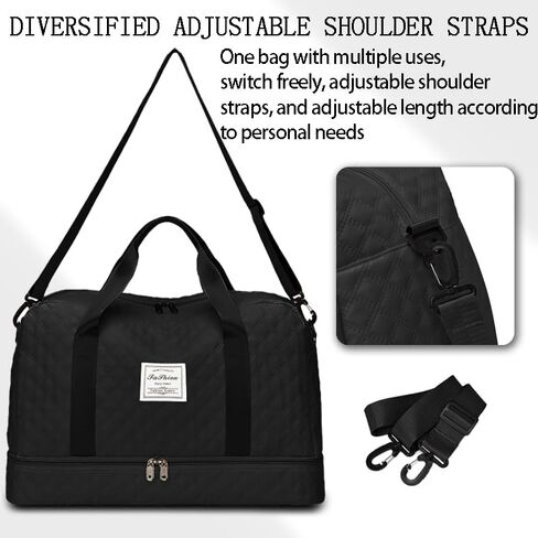 Large Quilted Weekender Bag for Women – Lightweight Nylon Overnight Duffel with Separate Shoe Compartment – Waterproof Carry-On Travel Luggage Tote & Gym Bag with Crossbody Strap (Black) in Kuwait