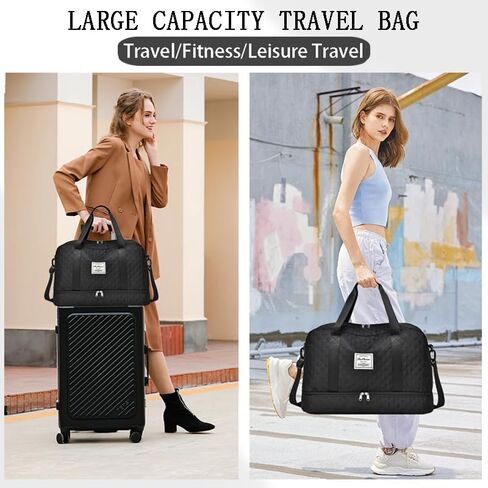 Large Quilted Weekender Bag for Women – Lightweight Nylon Overnight Duffel with Separate Shoe Compartment – Waterproof Carry-On Travel Luggage Tote & Gym Bag with Crossbody Strap (Black) in Kuwait