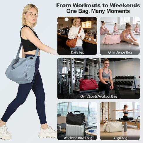 Small Gym Bag for Women 14 Inch Crossbody Sling Duffel with Shoe Compartment & Wet/Dry Pocket, Water-Resistant Personal Item Travel Bag for Weekender Dance Yoga, Dusty Blue in Kuwait