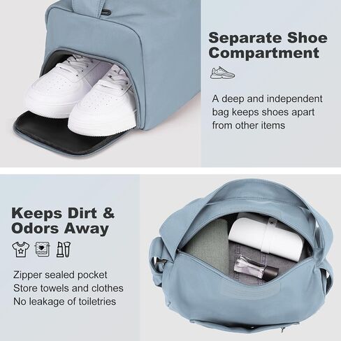 Small Gym Bag for Women 14 Inch Crossbody Sling Duffel with Shoe Compartment & Wet/Dry Pocket, Water-Resistant Personal Item Travel Bag for Weekender Dance Yoga, Dusty Blue in Kuwait