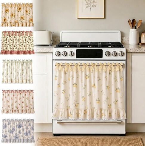 Farmhouse Oven Skirt, Green Handmade Oven Curtain for Stove, Vintage Cotton Blend Oven Skirt Curtain for Farmhouse Cottage Dishwasher Kitchen Decor, with Ruffles and Ribbon Ties (Green) in Saudi Arabia